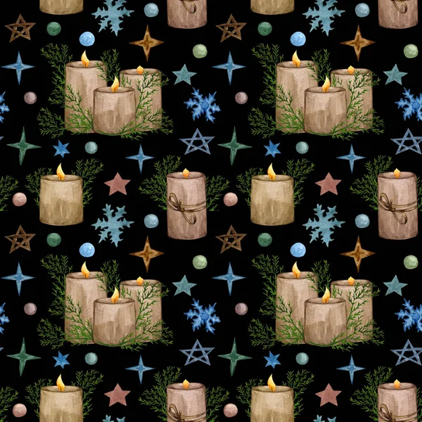 Aquarel Kerst naadloos patroon met kaarsen, dennenboom, sterren, sneeuwklokjes. Handgetekende kerstachtergrond voor weefsels, inpakpapier en -kaarten. — Stockfoto