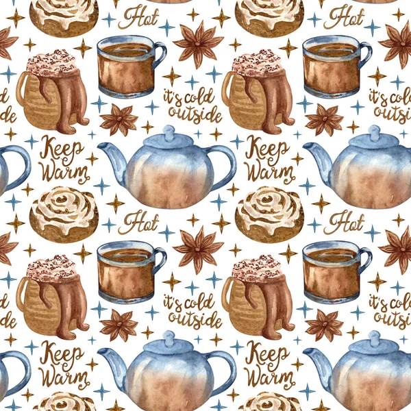 Hand painted watercolor seamless texture with hot chocolate, cinnamon bun, teapot, cup of tea, stars. Perfect for wallpaper, print, packaging design. Merry Christmas and Happy New Year set. — Stock Photo, Image