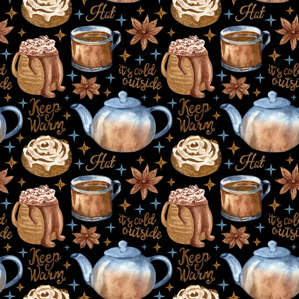 Hand painted watercolor seamless texture with hot chocolate, cinnamon bun, teapot, cup of tea, stars. Perfect for wallpaper, print, packaging design. Merry Christmas and Happy New Year set. — Stock Photo, Image