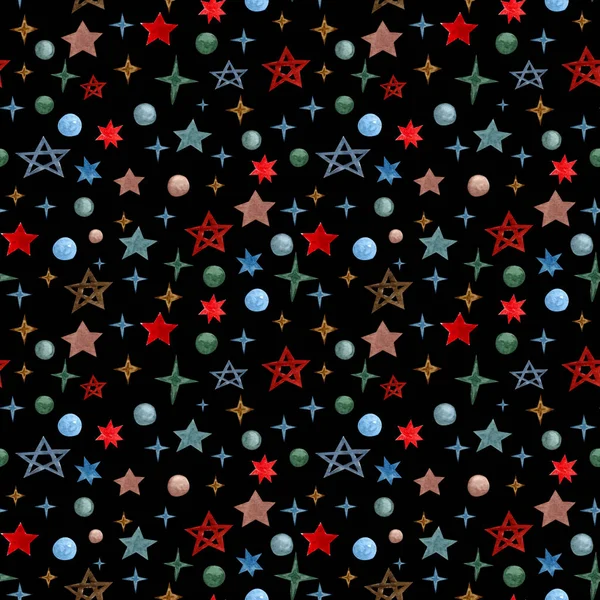 Wzór bezszwowy akwarela z kolorowymi gwiazdami i śnieżnymi kulami. Holiday hand narysowane niekończący się wzór na czarnym tle. — Zdjęcie stockowe