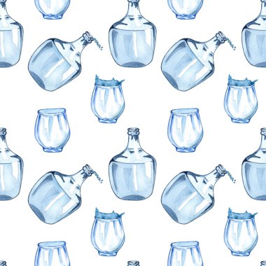 Şişe, cam ve su sıçramalarıyla kusursuz desen. Bardaktaki su. Sıvı ile şeffaf gar. 