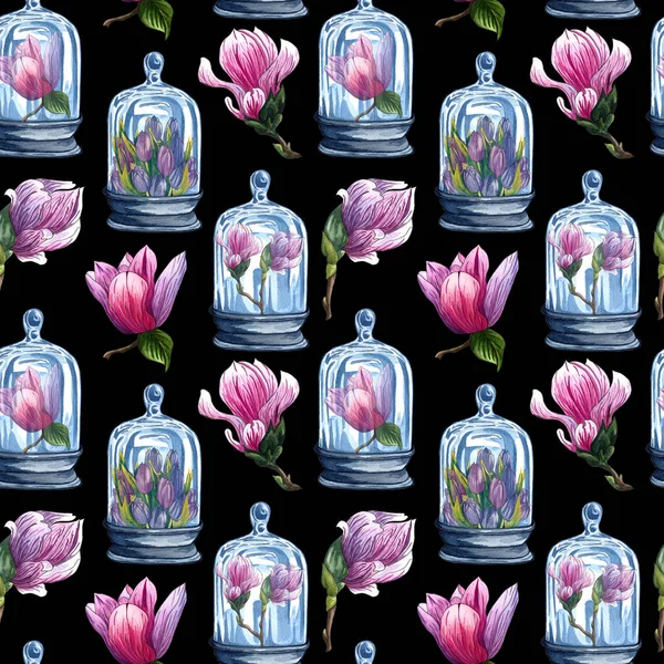 Nahtlose Muster von Florarien, Aquarell-Glasflaschen mit Blumen im Inneren, handgezeichnet. Aquarell-Glas mit rosa Magnolienblüte. — Stockfoto