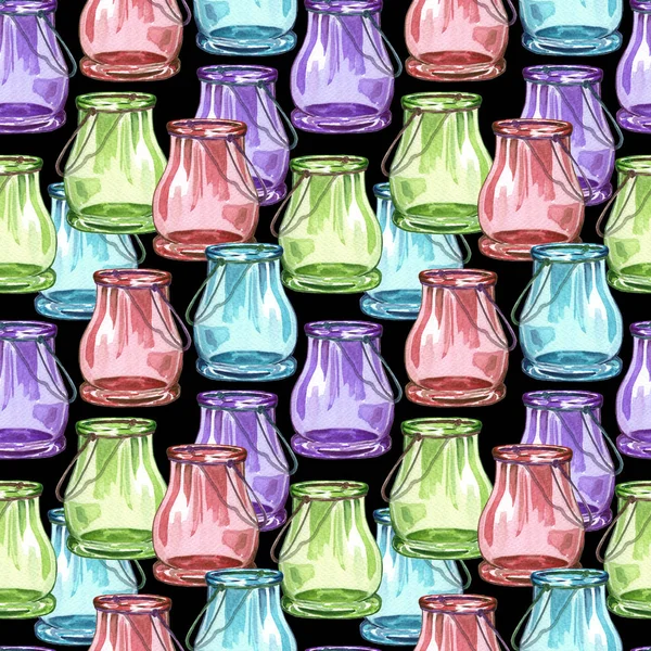 Płynny wzór z akwarelowym szklanym słoikiem. Kolor przezroczysta szklana butelka. — Zdjęcie stockowe