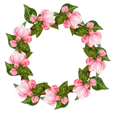 Suluboya elma çiçeği açan ağaç çelengi beyaza izole edilmiş. Çiçekler, yapraklar ve tomurcuklarla el çizimi çiçek çerçevesi. Davetiyeler, tasarım ve düğün kartları için mükemmel..