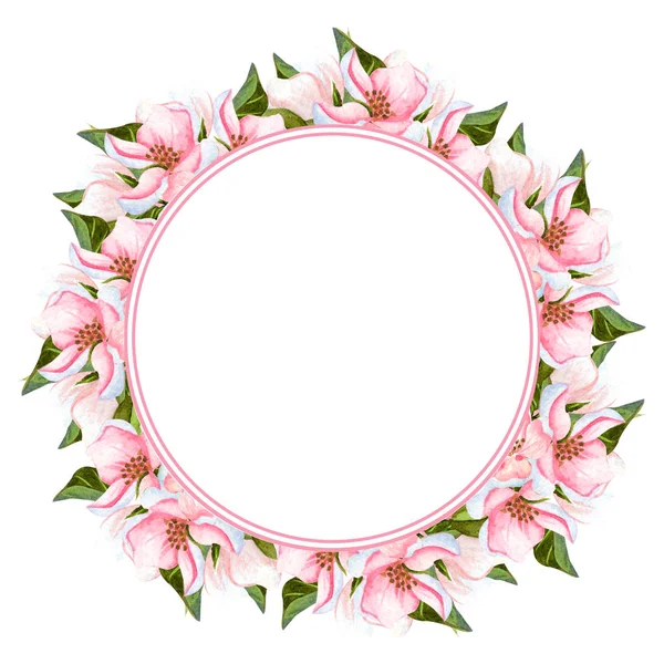 Aquarell Apfelblütenkranz isoliert auf weiß. handgezeichneter Blumenrahmen mit Blüten, Blättern und Knospen. perfekt für Einladungen, Design und Hochzeitskarten. — Stockfoto