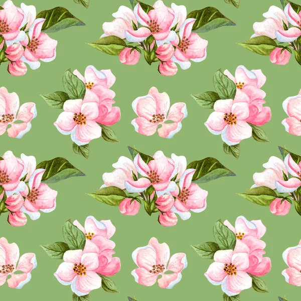 Υδατογραφία αδιάλειπτη μοτίβο των λουλουδιών κεράσι και φύλλα. Floral επαναλαμβανόμενο μοτίβο με χειροποίητο κλαδί από άνθη μήλου. — Φωτογραφία Αρχείου