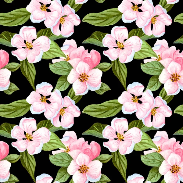 Aquarell nahtloses Muster von Kirschblüten und -blättern. florales Muster mit handgezeichneten Apfelblütenzweigen. — Stockfoto