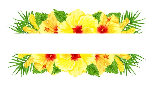 Moldura aquarela com flores de hibisco amarelo. Borda floral desenhada à mão com flores e folhas tropicais. Convite de casamento, cartão de saudação, design. Flores ensolaradas . — Fotografia de Stock