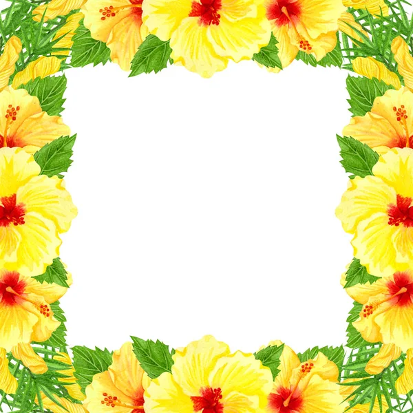 Watercolor frame with yellow hibiscus flowers. Hand drawn floral border with tropical flowers and leaves. Wedding invitation, greeting card, design. Sunny flowers. — Stock Photo, Image