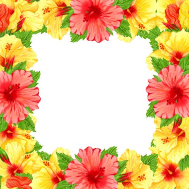 Kırmızı ve sarı çiçekli suluboya çerçeve. Tropik çiçek ve yapraklarla el çizimi bir sınır. Düğün davetiyesi, tebrik kartı, tasarım. Tropik çelenk. 