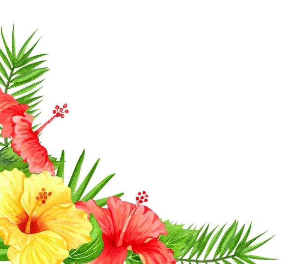 Marco de acuarela con flores de hibisco rojo y amarillo. Borde floral dibujado a mano con flores y hojas tropicales. Invitación a la boda, tarjeta de felicitación, diseño. Flores de verano . —  Fotos de Stock