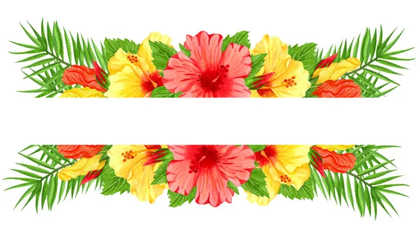 Aquarellrahmen mit roten und gelben Hibiskusblüten. handgezeichnete florale Bordüre mit tropischen Blumen und Blättern. Hochzeitseinladung, Grußkarte, Design. tropische Zusammensetzung — Stockfoto