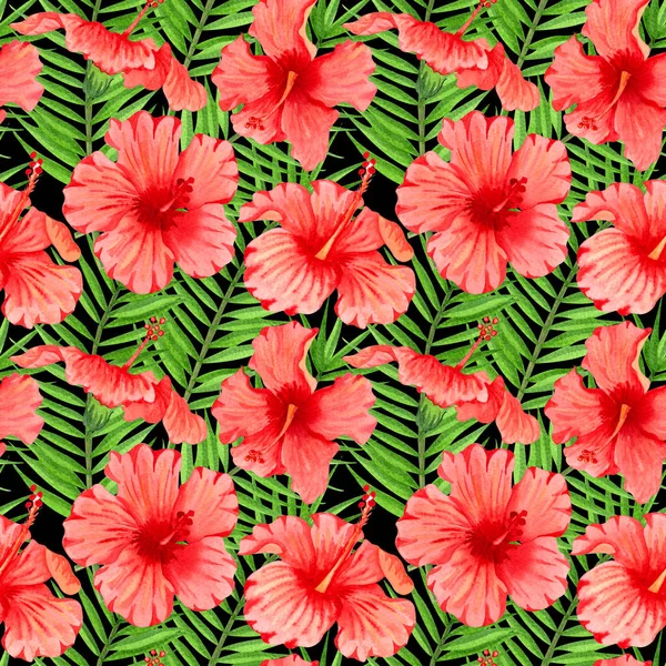 Patrón floral tropical sin costuras de acuarela. Hibiscus rojo y hojas de palma sobre fondo negro. Acuarela dibujada a mano patrón sin costura con flores tropicales de colores . — Foto de Stock