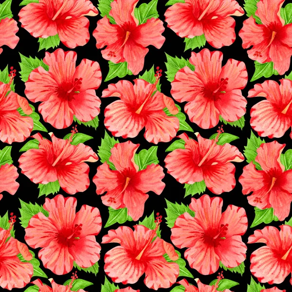 Patrón floral tropical sin costuras de acuarela. Hibiscus rojo y hojas de palma sobre fondo negro. Acuarela dibujada a mano patrón sin costura con flores tropicales de colores . —  Fotos de Stock