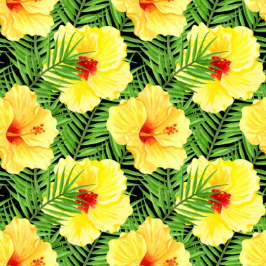Suluboya kusursuz tropikal çiçek deseni. Sarı amber çiçeği ve siyah arka planda palmiye yaprakları. Renkli tropikal çiçeklerle el yapımı sulu boya deseni.