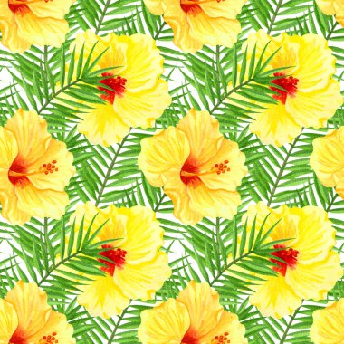 Suluboya kusursuz tropikal çiçek deseni. Sarı amber çiçeği ve beyaz arka planda palmiye yaprakları. Renkli tropikal çiçeklerle el yapımı sulu boya deseni.