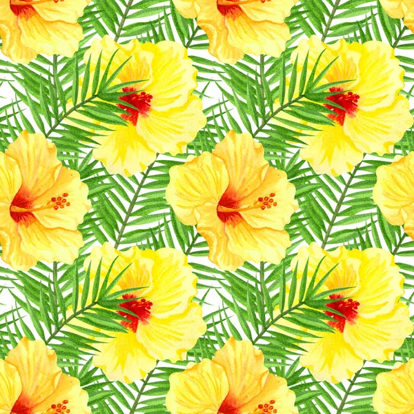 Suluboya kusursuz tropikal çiçek deseni. Sarı amber çiçeği ve beyaz arka planda palmiye yaprakları. Renkli tropikal çiçeklerle el yapımı sulu boya deseni. — Stok fotoğraf