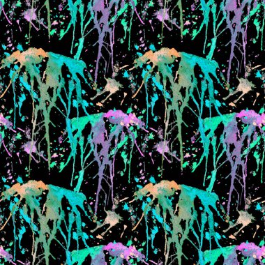 Elle çizilmiş, sıçramış ve lekelenmiş kusursuz desen. Siyah üzerine soyut renkli suluboya arkaplan.