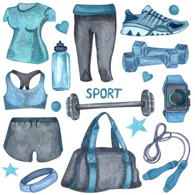 Watercolor illustration of gym, sport or fitness female set. sports stuff: water bottle, watch, bag, weight, t-shirt, dumbbells, jump rope, trainers, isolated on white background clipart