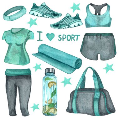 Watercolor Fitness Collection of gym, sport or fitness female set. sports stuff: water bottle, watch, bag, yoga mat, t-shirt, trainers, isolated on white background