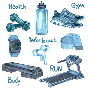 Watercolor Fitness Collection of gym, sport or fitness female set. sports stuff: water bottle, watch, dumbbells, headphones, Treadmill, trainers, step, measure tape isolated on white background