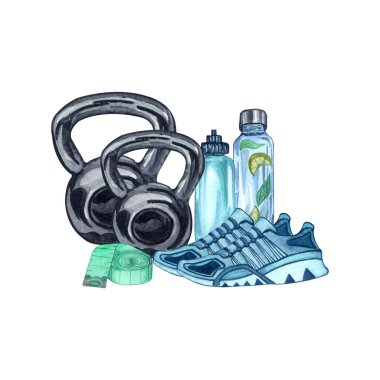 Spor salonu, watter şişesi, ağırlık, mezura ve spor için diğer aletlerin suluboya çizimi.
