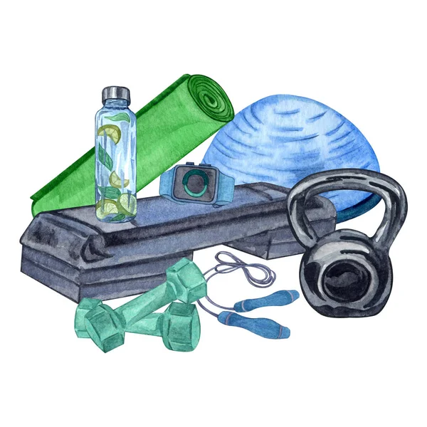 Akvarell Illustration Olika Utrustning För Gym Gymnastik Boll Hantlar Vatten — Stockfoto