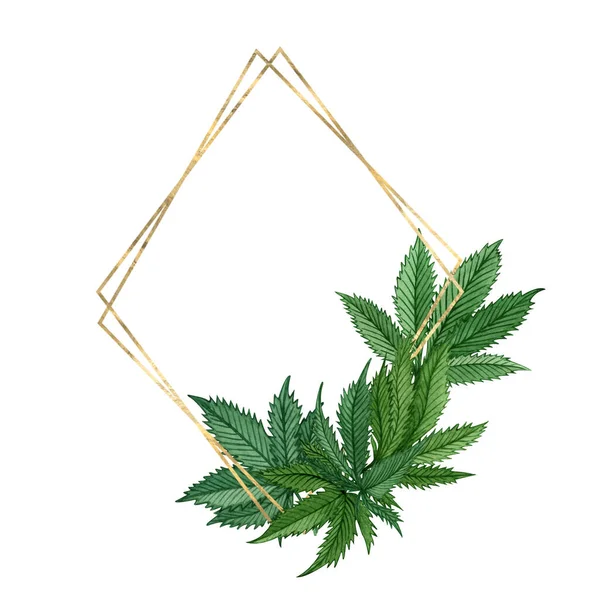 Watercolor Cannabis Frame Hand Drawn Wild Hemp Plant Wreath Greeting — Stock Photo, Image