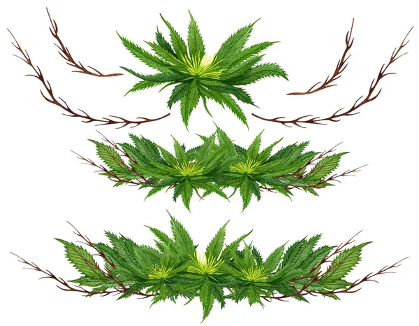 水彩画大麻组合集 手绘野生大麻植物花环 用于贺卡 框架或边框 — 图库照片