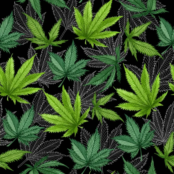 水彩大麻シームレスパターン 手描きの柄をヘンプ 黒の大麻油の背景 — ストック写真