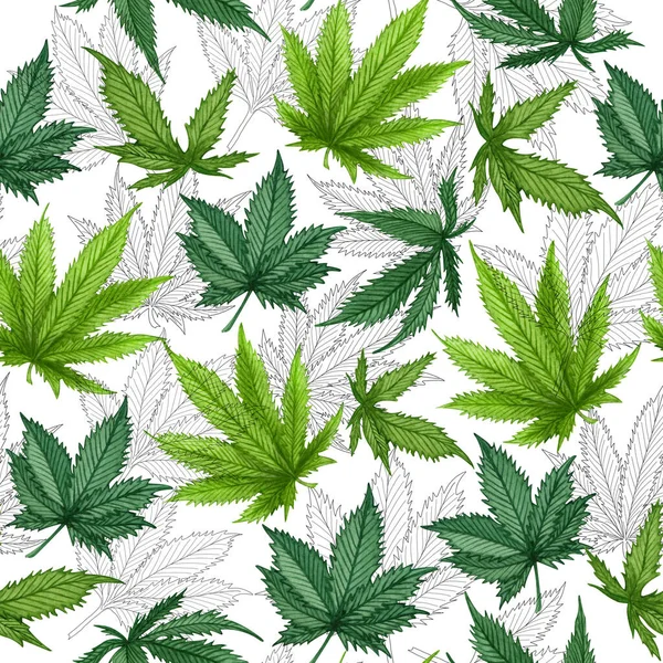 水彩大麻シームレスパターン 手描きの柄をヘンプ 白の大麻油の背景 — ストック写真