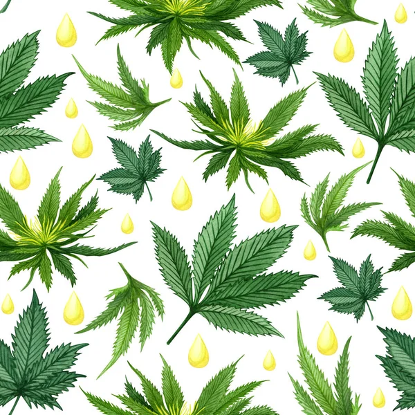 Watercolor Cannabis Seamless Pattern Hemp Hand Drawn Pattern Cannabis Oil — Stock Photo, Image