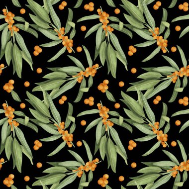 Dikenli üzümlü ve yapraklı sulu boya deseni. Bal bitkisi siyah sırtüstü yatar..