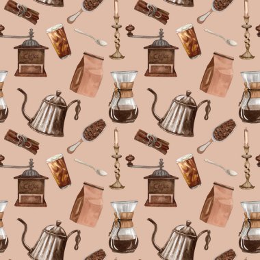 Suluboya kahve pürüzsüz desen. El yapımı kahve elementleri ve sıcak içecek. Kahvaltı arkaplanı