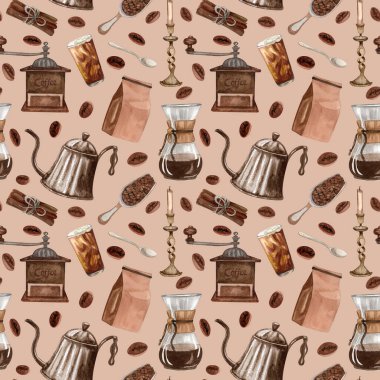 Suluboya kahve pürüzsüz desen. El yapımı kahve elementleri ve sıcak içecek. Kahvaltı arkaplanı