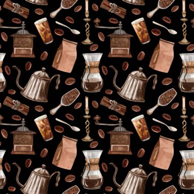 Suluboya kahve pürüzsüz desen. El yapımı kahve elementleri ve sıcak içecek. Kahvaltı arkaplanı