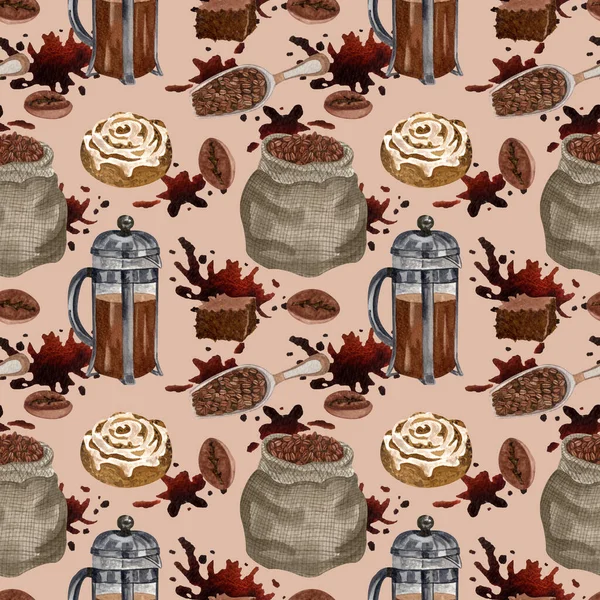 Watercolor coffee seamless pattern. Hand drawn vintage coffee elements and hot beverage on beige background. Breakfast backdrop