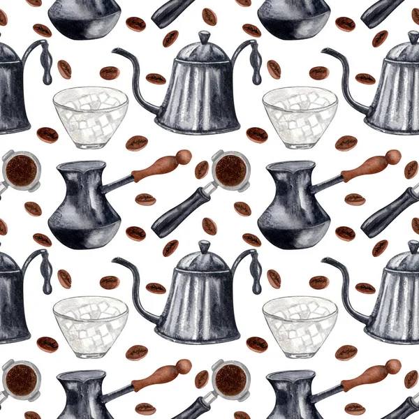 Akvarel Káva Bezešvný Vzor Ručně Kreslené Vinobraní Kávové Prvky Horký — Stock fotografie