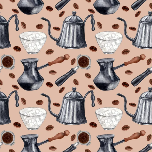 Watercolor coffee seamless pattern. Hand drawn vintage coffee elements and hot beverage. Breakfast backdrop