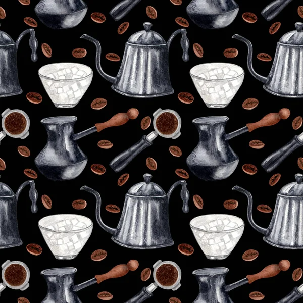 Watercolor coffee seamless pattern. Hand drawn vintage coffee elements and hot beverage. Breakfast backdrop