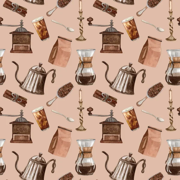 Watercolor Coffee Seamless Pattern Hand Drawn Vintage Coffee Elements Hot — Stock Photo, Image