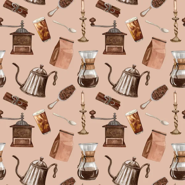 Watercolor coffee seamless pattern. Hand drawn vintage coffee elements and hot beverage. Breakfast backdrop