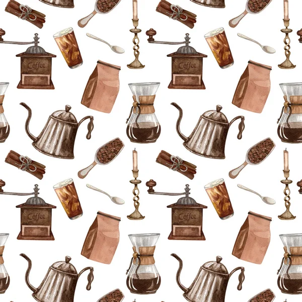 Akvarel Káva Bezešvný Vzor Ručně Kreslené Vinobraní Kávové Prvky Horký — Stock fotografie