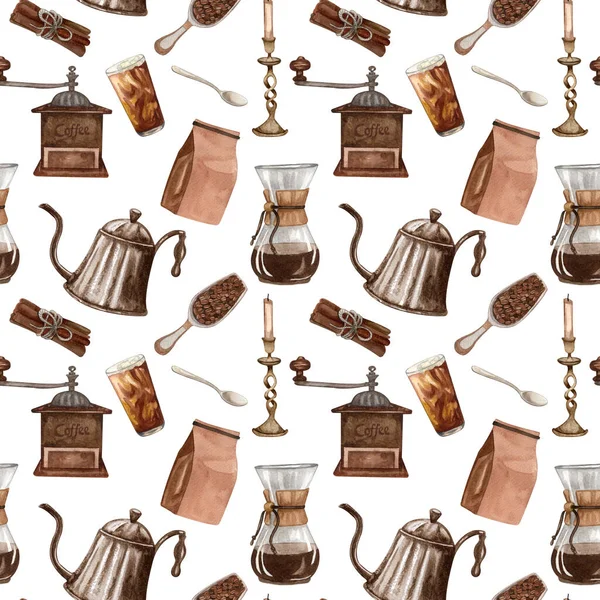 Watercolor coffee seamless pattern. Hand drawn vintage coffee elements and hot beverage. Breakfast backdrop