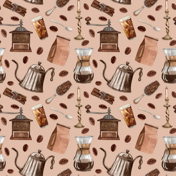 Watercolor Coffee Seamless Pattern Hand Drawn Vintage Coffee Elements Hot — Stock Photo, Image