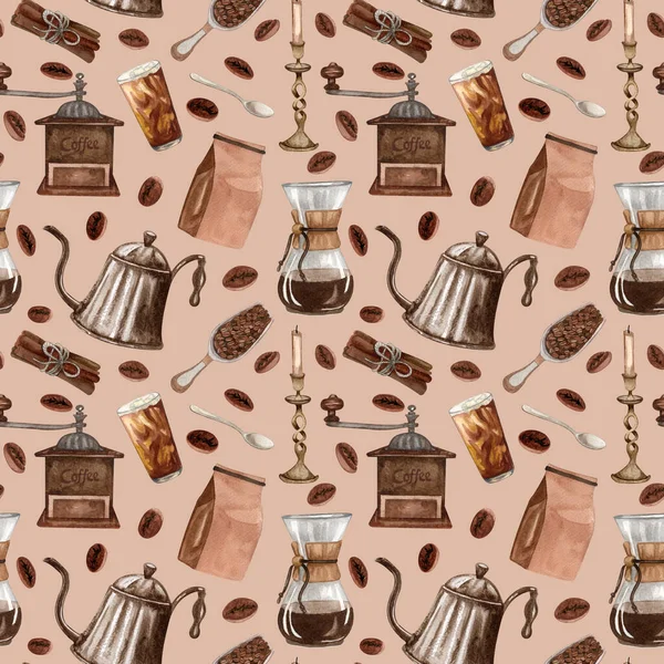 Watercolor coffee seamless pattern. Hand drawn vintage coffee elements and hot beverage. Breakfast backdrop