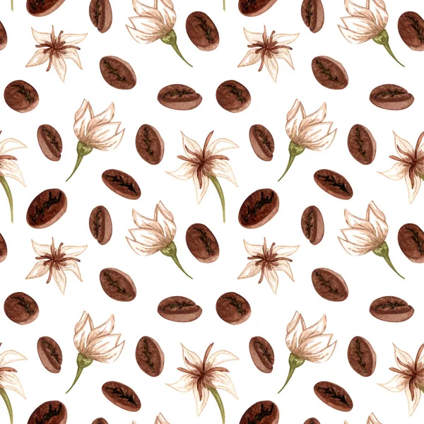 Watercolor coffee beans and plant seamless pattern. Hand drawn flowers and coffee. Floral backdrop