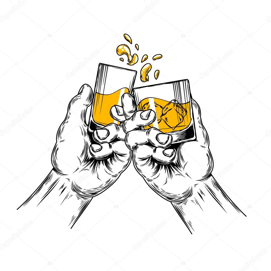 Vector illustration of two hands raised stemware with alcohol in a toast
