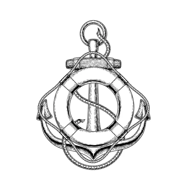 Vektorové ilustrace staré námořní kotvy a záchranný kruh — Stockový vektor
