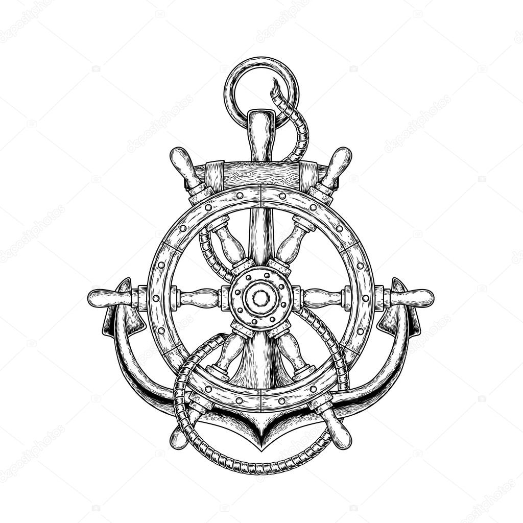 Vector illustration of nautical steering wheel and anchor